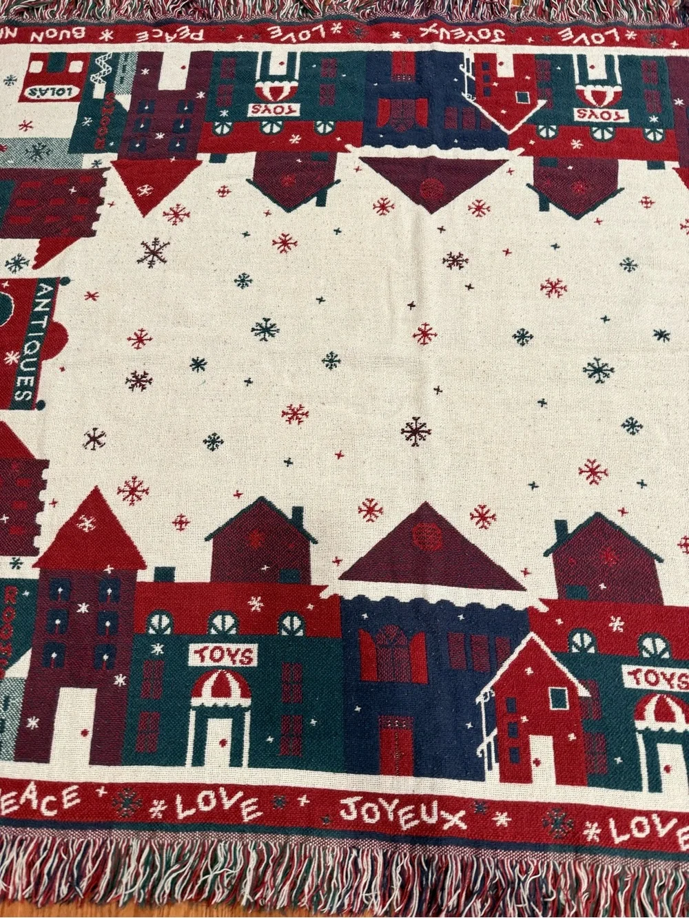 Holiday Village Fringe Throw Blanket - Red, Green & Cream 66x46